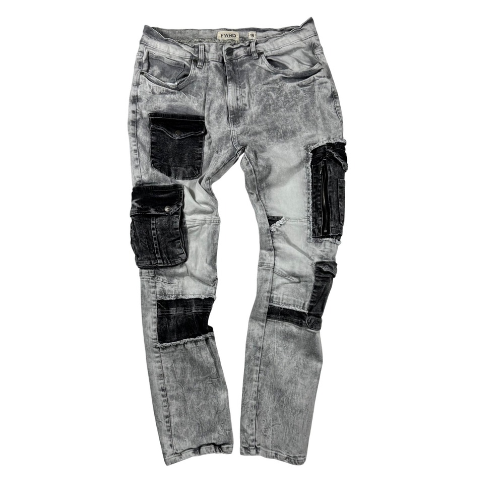 FWRD Denim Grey Faded Mens 36X32 Jeans Black Patchwork Cargo Pockets Distressed